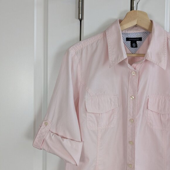 Tommy Hilfiger Button Up Roll Tab Shirt Women L Pink Tailored Fit Western - Picture 5 of 10